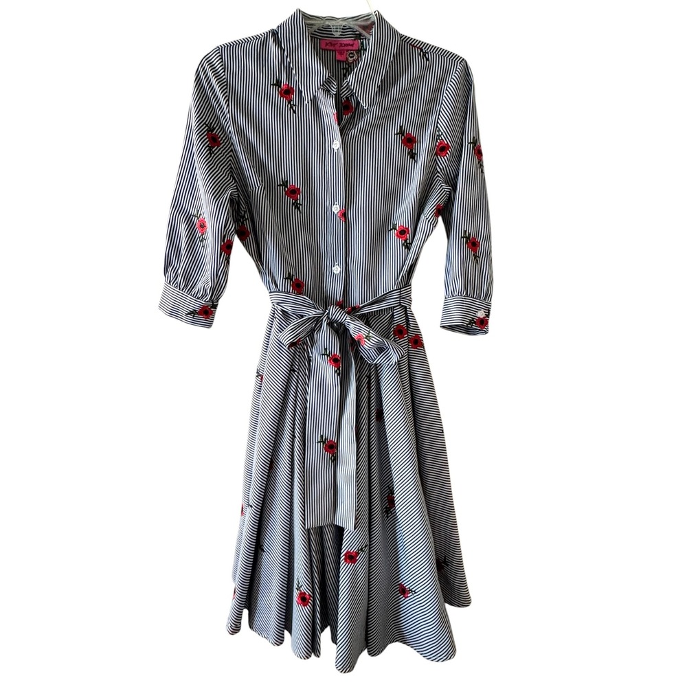 Betsey Johnson Womens Navy White Pinstripe Floral Embroidered Shirt Dress Size 8